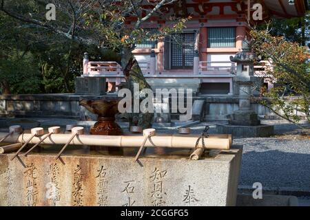 Der Blick auf Chozu-bachi oder Wasserschale mit dem Holz Dippern zur symbolischen Reinigung mit dem Tahoto (Pagode mit vielen Juwelen) auf der Rückseite Stockfoto