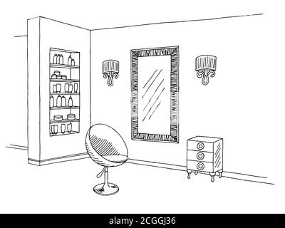 Friseursalon Grafik schwarz weiß Innenraum Skizze Illustration Vektor Stock Vektor