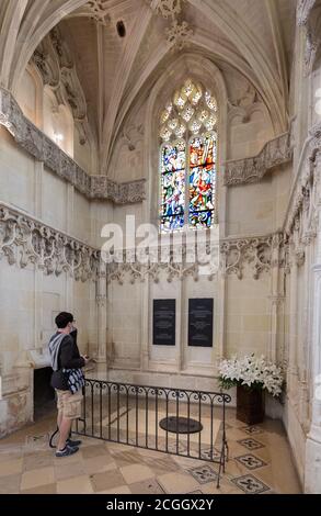 Ein Tourist, der das Grab von Leonardo da Vinci in der Kapelle des Heiligen Hubert, Chateau D'Amboise, Amboise, Frankreich betrachtet Stockfoto