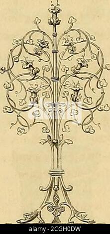 . Gazette des beaux-Arts . de la Vierge dans lesvitraux qui représentent lAnnonciation, nous semblaient devoir seules être 238 GAZETTE DES BEAUX-ARTS. Appelées à orner les autels. M. Didron, sans que nous nous soyons commu-niqué notre pensée, a été de notre avis, et M. Gaucherel, allant plus loinque nous ne laurions osé, a dessiné, pour compléter son Vase, de magnifi-ques Bouquets métalliques. UN arbre aux rameaux dor, aux feuilles démeraude et aux fleurs derubis a été planté par lui dans un Vase moulé sur un bénitier portatif enivoire cerclé de bandes dor couvertes de pierreries, sculpté au x Stockfoto