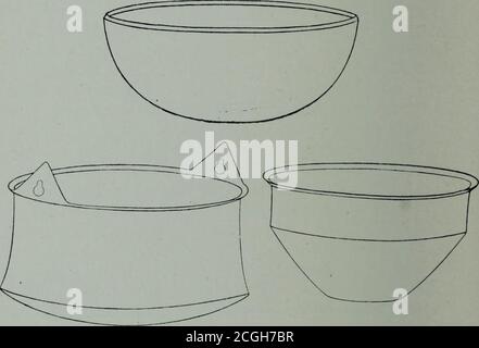 . Surrey archäologische Sammlungen . Abb. 2. BRONZEGEFÄSSE, STURMERE, ESSEX. Letztere hat praktisch den gleichen Durchmesser wie die arger hemisphärische Schale. Es kann angenommen werden, dass der Rest des Funds in einem schlechten Zustand war. 6 BRONZEGEFÄSSE DER FRÜHEN EISENZEIT in der Westhall-Serie, später in einem anderen Zusammenhang zu bemerken (S. 9), gibt es ein flaches Bronzegefäß wie eine kleine Bratpfanne, der Griff fehlt leider. Er hat einen Durchmesser von 6 Zoll und wird von einem 55 Zoll langen, in der Mitte jeder Seite gebogenen Bronzestiegel begleitet. Mit Blick auf den Sturm ere undWotton Stockfoto