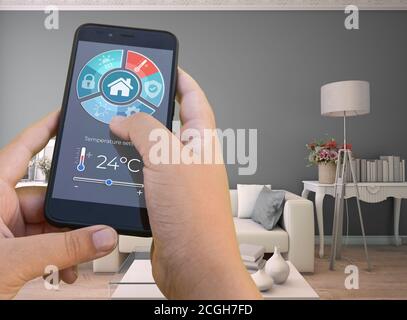 3D-Rendering eines modernen Innenraums, gesteuert durch ein Smartphone Anw Stockfoto