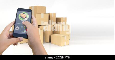 3D-Rendering einer Smartphone Delivery Tracking App Pakete auf Der Hintergrund Stockfoto