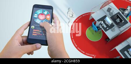 3D-Rendering einer Healthcare-App und eines Büroinnenraums Mit Coronavirus-Präventionsmaßnahmen Stockfoto