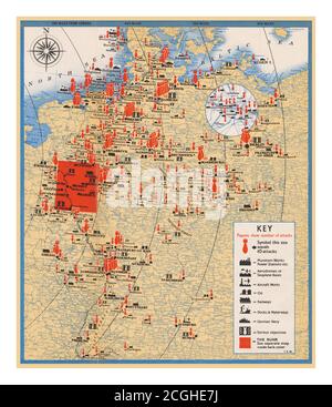 Vintage Propaganda Poster Großbritannien 2. Weltkrieg das britische Luftverkehrsministerium versicherte der englischen Öffentlichkeit, dass die RAF gegen Nazi-Deutschland zurückgeschlagen habe. "Während des Zweiten Weltkriegs trugen Propagandabombenangriffe auf Karten dazu bei, die Unterstützung für die Kriegsanstrengungen zu stärken." „eine Vorstellung von der Beharrlichkeit und Präzision der Bombenangriffe der Royal Air Force auf Deutschland gibt das Kartenplakat, das das riesige Netz der Zerstörung zeigt, das Tag für Tag und Nacht für Nacht von den britischen Bombern verwebt wurde, Die 270 Zielgebiete militärischer und strategischer Bedeutung in Nazi-Deutschland getroffen haben. Stockfoto