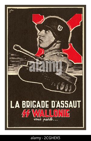 Vintage 1940er Jahre Archiv Deutsche SS-Propaganda-Rekrutierungsplakat für die Wallonische Legion (Französisch: Légion Wallonie) eine kollaborationistische Militärformation, die während des Zweiten Weltkriegs von französischsprachigen Freiwilligen aus dem deutsch besetzten Belgien, insbesondere aus Brüssel und Wallonien, rekrutiert wurde Sie entstand nach dem deutschen Einmarsch in die Sowjetunion und kämpfte an der Ostfront als Teil der Wehrmacht und später der Waffen-SS neben ähnlichen Formationen aus anderen Teilen des deutsch besetzten Europa."La Brigade D'Assault / SS Wallonie vous parle....mit Panzer und SS-Soldat Stockfoto