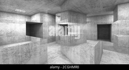 Abstrakter grauer Betonraum-Innenhintergrund, durchschneidete Strukturen, digitale Mischtechnik-Illustration mit Doppelbelichtungseffekt, 3d-Rendering il Stockfoto