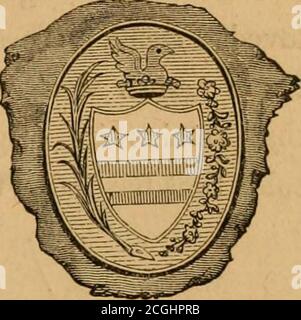 . Die Heimat von Washington; oder, Mount Vernon und seine Assoziationen, historische, biographische und bildhaft. UND IHRE ASSOZIATIONEN. 31 die annektierte Engraidng ist nach einem Eindruck von GeneralWashingtons Siegel, das sein Familienwappen trägt, an den Todesbefehl eines 1780 in Morristown hingerichteten Soldaten angebracht. Darunter ist eine Gravur des Gesichts seines Siegelrings, der auch seine Arme und sein Motto trägt; und auch von zwei Uhrenrobben, die in frühem Leben zusammenhauen. Nach den letzten beiden ist Eno-raved seine Mono-. WASHINGTON S-SIEGEL. Stockfoto