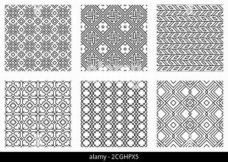 Vektor nahtlose Muster gesetzt. Abstraktes ethnisches geometrisches Ornament. Wiederholbare Hintergründe Stock Vektor