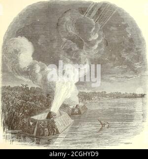 . Frank Leslie's Szenen und Porträts des Bürgerkriegs ... . MOBTAE PEACTICE – EINLEGEN DER SCHALE.. BELAGERUNG DER INSEL NR. 10, AUF DEM MISSISSIPPI KTVER – NÄCHTLICHE BOMBARDIERUNG DURCH DIE FEDERAL MÖRSERBOOTE, ZEHN UHR P. M., 18. MÄRZ 1862. • am 16. März 18G2 trafen die Mörserflotte und die Kanonenboote, bestehend aus den Cincinnati, Pittsburg, St. Louis, Silver Wave, Carondelet, MoundLity, Lonestoga, Louisville, Rob Boy, Alps, Wilson, Lake Brie, Great Western und Tnrrence, sowie neun Mörserbooten, in der Nähe des Punktes ein. Diese wurden von mehreren Schleppern begleitet. Am 18. Thev eröffnet Feuer, das, afte Stockfoto