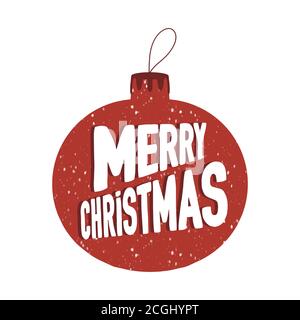 Handgezeichnetes Weihnachtsbaumkugel-Symbol mit Schnee-Effekt und Merry Christmas Schriftzug innen. Isoliert auf weißem Hintergrund. Stock Vektor