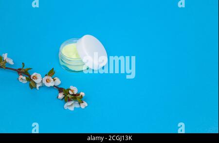 Gesichtscreme in einem Glas mit offenem Deckel. Zweig mit Blumen im Hintergrund. Freier Speicherplatz für Text. Stockfoto