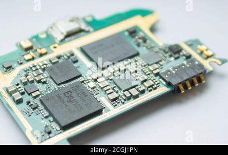 Reparatur per Telefon. Elektronikkarte im Telefon. Schließen, weißer Hintergrund. Stockfoto