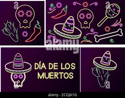Dia de los Muertos oder Day of the Dead Spanischer Nationalfeiertag Neon Banner Design. Vektor Bunte Illustration von mexikanischen Holiday Night Party. Stock Vektor