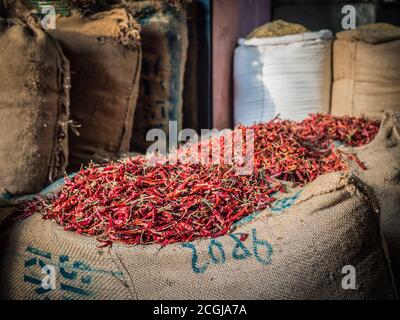 Auf dem Gewürzmarkt warten Tüten mit Chilis auf den Verkauf In Chandni Chowk Bezirk von Neu Delhi Stockfoto