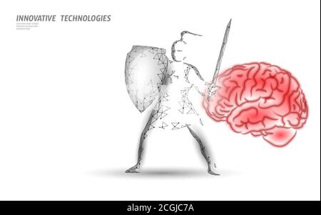 Gehirn Behandlung Schutz Ritter 3D Render. Droge nootropic menschliche Fähigkeit Stimulans intelligente psychische Gesundheit. Medizin kognitive Rehabilitation in Stock Vektor