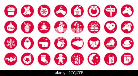 Weihnachtliche flache Symbole für Webdesign und mobile App. Beige Bilder auf roten Kreisen. Süße weihnachten Zuckerrohr, Lebkuchenhaus, Mann, Stier Kopf Stock Vektor