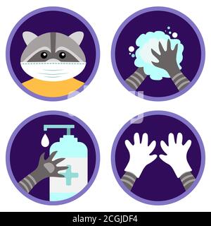 Sicherheitsmaßnahmen gegen Coronavirus, illustriert durch den niedlichen Waschbär. Cartoony Anleitung für Kinder. Satz von flachen Vektor-Icons: Tragen Sie eine Maske, Handschuhe usw. Stock Vektor