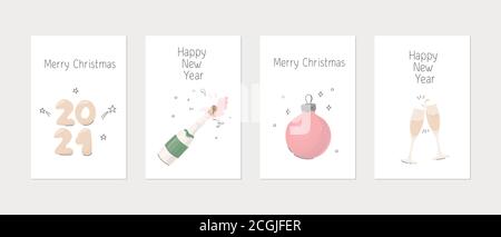 Vektor-Set von Weihnachten und Neujahr Grußkarten. Champagner, Schneemann Stock Vektor