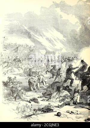 . Frank Leslie's Szenen und Porträts des Bürgerkriegs ... . DER TOD VON GENERAL NATHANIEL LYON, BEI DER SCHLACHT VON WILSONS CREEK, IN DER NÄHE VON SPRINGFIELD, MO. General Lyon fiel am 10. August 1861 an die Spitze seines kleinen Panzers von 5,500 Männern. In einem verzweifelten Kampf in Wilsons Creek, Mo., wurde eine Anklage gegen die konföderierten Truppen unter Ben McCulloch erhoben, die 23,000 Mann zählte. General Lyon studierte an der United StatesMilitary Academy in West Point, wo er mit Auszeichnung in 1841.. SCHLACHT BEI WILSONS CEEEK, NEAE SPRINGFIELD, MO., ZWISCHEN 5,500 UNION-TRUPPEN UNTER GENERAL Stockfoto