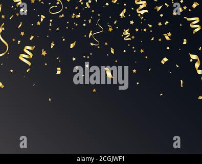 Luxus Gold Weihnachten Konfetti und Sterne Rahmen. Magisches goldenes fliegendes Konfetti und Stern auf dunklem Hintergrund. Elegante Designelemente für den Urlaub. Weihnachten Stock Vektor