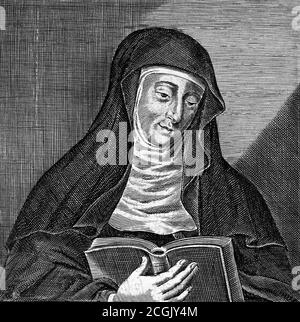 Hildegard von Bingen (Hildegard von Bingen, 1098-1179), auch bekannt als Heilige Hildegard und die Sibyl des Rheins, war eine deutsche Benediktinerin Äbtissin. Gravur, c.1642 Stockfoto