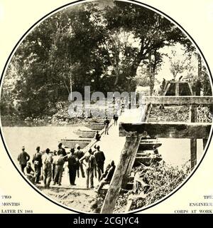 . Die fotografische Geschichte des Bürgerkrieges: In zehn Bänden. ^E^^ ^^^LK^ i.iioi.i ihe mldfumss – nii iiiiitni ni w {K i (.im i iv^ i < mi die Zelte in diesem Winterlager in Rappahannock Station, März 1864!, sind große und geräumige Holzhütten mit Zeltdach.Links ist der Park des Zuges. Die Pontonboote sind auf ihren Waggons bereit. Das gesamte Brückenmaterial wartet auf den Transport. TWOMONTHSLATER IM Jahr 1864 TEENGINEERCORPS BEI DER ARBEIT Lees Armee, in den Ruhestand über den North AIMA River vor Grants Armee im Mai 1864, zerstört die permanente Brücke an dieser Stelle.bis zum Sommer Stockfoto