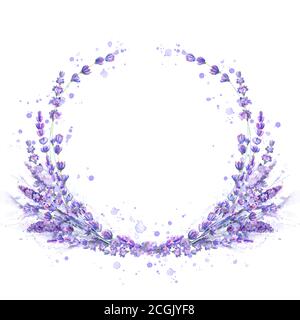 Lavendel Blumen lila Aquarell runden Rahmen isoliert auf weißem Hintergrund. Aquarell von Hand gezeichnet floralen Kreis Illustration. Designelement für Inv Stock Vektor