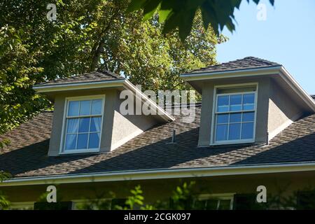 Hölzerne Hüftdach Dachfenster in das Schrägdach gesetzt Eines von Bäumen umrahmten Hauses Stockfoto