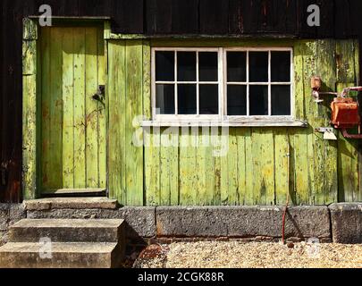 Hellgrün und Chartreuse alte abblätternde Farbe auf Klapptafel Holzverkleidung mit Tür und Fenster mit mehreren Scheiben. Ungewöhnliches Gebäude. Stockfoto