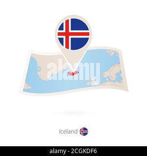 Gefaltete Papierkarte von Island mit Fahnennadel von Island. Vektorgrafik Stock Vektor