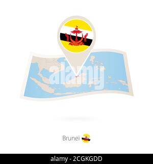 Gefaltete Papierkarte von Brunei mit Fahnennadel von Brunei. Vektorgrafik Stock Vektor