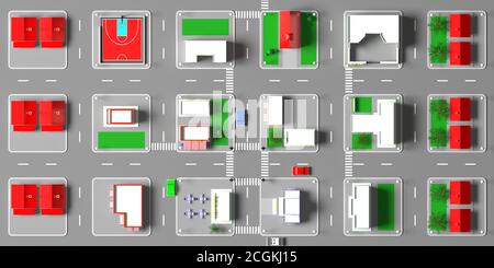 Kleine Stadt isometrische Blöcke Karte. Vorort Innenstadt, städtische Gebäude und Straßen. Von oben Blick auf Häuser Geschäfte, Café, Restaurant. 3d-Illustration Stockfoto