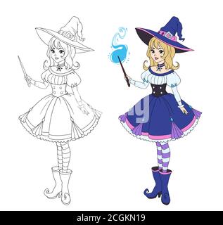 Schöne Anime Hexe hält Zauberstab. Blonde Haare, blaues Kleid und großer Hut. Handgezeichnete Vektor-Illustration für Malbuch. Isoliert auf Weiß Stock Vektor