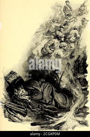 . Bürgerkriegsgeschichten. Felder jubelten zurück, und die jungen Bauern ritten die Gasse auf ihren Pferden, oder brachten ihre Liebsten in ihre Wagen und fielen in Übereinstimmung mit der Herzogsprozession. Selbst der alte Torhüter, der seinen Posten nicht verlassen konnte, war sehr aufgeregt, als wir vorbeikamen, gab drei Jubel für die Union für immer, und stand mit seinem Hut hinter uns, bis wir hinter den Hügeln aus dem Blickfeld waren. Gegen neun Uhr morgens erreichten wir L und fanden das ganze Dorf in Flammen, und die Leute waren so begeistert, dass alle Gedanken an die Arbeit offenbar für diesen Tag gegeben worden waren. Wie wir uns bilden Stockfoto