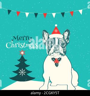 Handgezeichneter Vektor der französischen Bulldogge. Frohe Weihnachtskarte Stock Vektor