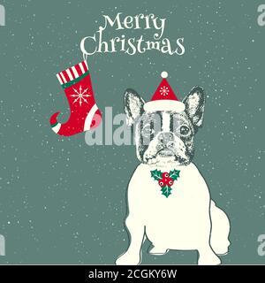 Handgezeichneter Vektor der französischen Bulldogge. Frohe Weihnachtskarte Stock Vektor