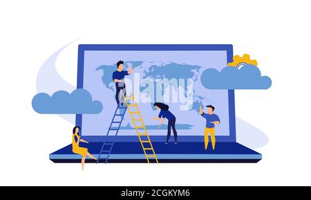 Business global Erde Vektorkarte Konzept mit Laptop. PC-beratung Idee Welt. Mann und Frau Gruppe Abbildung team Cartoon. Internationalen Planeten ne Stock Vektor