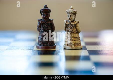 Nahaufnahme des schwarz-weißen Königsschachs, das auf einem Schachbrett sitzt. Schwarzer König versus weißer König. Stockfoto