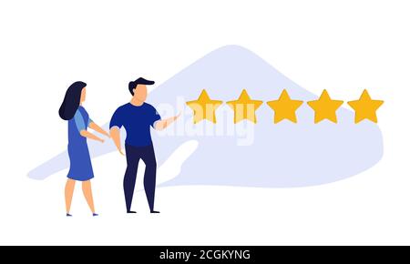 Customer Review fünf Sterne wahl Vektor-illustration zufriedenheit Mann und Frau. Konzept Geschäft Erfolg feedback gute Qualität Service. Best rate Bac Stock Vektor