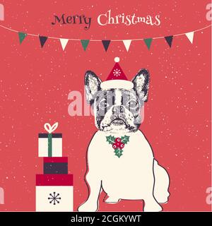 Handgezeichneter Vektor der französischen Bulldogge. Frohe Weihnachtskarte Stock Vektor