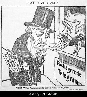 Ein historischer Zeitungsschnitt mit dem Titel 'At Pretoria', der Oom Paul in einem Telegrammbüro zeigt, mit der Überschrift 'Oom Paul:-'Any message for US from Berlin?' - 'Nein, keine!' '. Nachgedruckt aus Ulk, Berlin und erschienen in der Daily Mail am 23. November 1899. Stockfoto