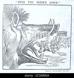 Eine historische, zeitgenössische Zeitung mit dem Titel 'Into the Boer's JAWS', in der die britischen 18. Hussaren in die Mündung eines großen boers geladen werden. Abgedruckt aus The Evening World, New York, und veröffentlicht in der Daily Mail am 23. November 1899. Stockfoto