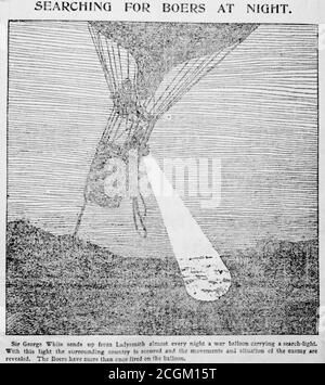 Eine historische, zeitgenössische Zeitung, die 'Searching for Boers at Night' zeigt, dass ein Beobachtungsballon mit einem Suchscheinwerfer bei der Belagerung von Ladysmith, Natal, während des Zweiten Burenkrieges 1899-1902, verwendet wurde. Stockfoto