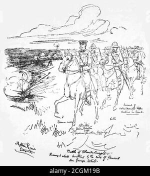 Eine historische zeitgenössische Zeitungsschnitt mit dem Titel 'M. Melton Prior's first Sketch from the Front." zeigt eine Skizze von General Roberts, der die Natal-Gewehre in der Schlacht von Elandslaagte mit einer Feldartilleriebatterie im Hintergrund anführt. Veröffentlicht in der Daily Mail am 21. November 1899, nur einen Monat nach der Schlacht. Stockfoto