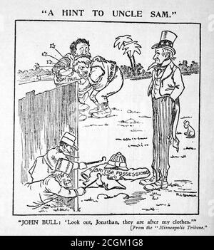 Eine historische zeitgenössische Zeitungsausschnitte mit dem Titel 'EIN Hinweis auf Onkel Sam' mit der Überschrift 'John Bull: 'Schau auf, Jonathan, sie sind nach meiner Kleidung'. Die Skizze zeigt John Bull im Kampf mit Oom Paul, während EIN Franzose und ein russischer Soldat versuchen, britische Besitzungen zu übernehmen, während Onkel Sam zuschaut. Abgedruckt von der Minneapolis Tribune und veröffentlicht in der Daily Mail am 23. November 1899. Stockfoto