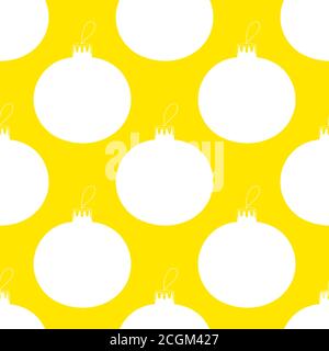 Nahtloses Muster aus weißem Weihnachtsbaum Ball Silhouette auf einem gelben Hintergrund. Stock Vektor