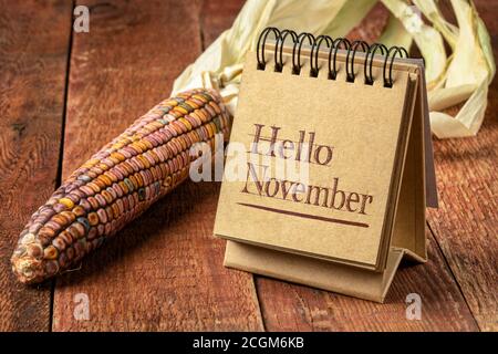 Hallo November Willkommensgruß - Handschrift in einem spiralförmigen Skizzenbuch auf einem rustikalen Holztisch mit ornamentalem Mais-, Saison- und Kalenderkonzept Stockfoto