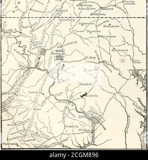 . Abraham Lincoln und die Schlachten des Bürgerkrieges . MAP 8- ^ ^5f^FW^seuRG-Positionen 28. Juni.f S --£ ^ 0*^% i ■•-. S JH^ *ft J/ if. Stadt am 23d. Stuarts Kavallerie war auf Longstreets rechts tooccupy die Pässe der Bull Run moun-tains und watch hookers Army.On der 17., traf er, in der Nähe von Aldie, ein Teil der pleas-ontons Befehl geworfen ; Es folgte ein heftiger Kampf, der die Fed-Erals im Besitz des Feldes ließ.während der vier folgenden Tage gab es eine Reihe von Kavalleriekämpfen; diejenigen der 19ten nahe Middleburg und der 21. Nahe Upperville waren besonders gut umkämpft Stockfoto