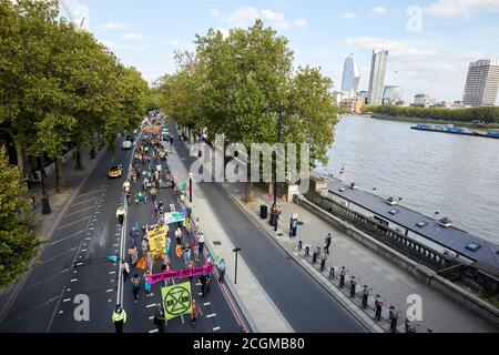 London, Großbritannien. - 10. September 2020: Unterstützer des Extinction Rebellion marschieren entlang der Themse, während sie auf einen Protest auf dem Parliament Square zusteuern. Stockfoto